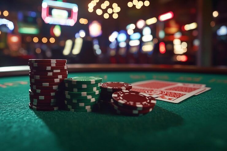 Multi-camera live studio setup for Caribbean Stud Poker showing dealer, table, and card distribution